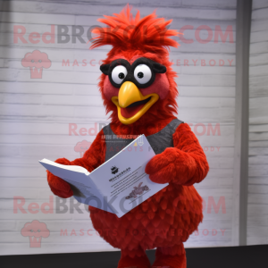 Red Chicken Parmesan mascot costume character dressed with a Skinny Jeans and Reading glasses