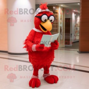 Red Chicken Parmesan mascot costume character dressed with a Skinny Jeans and Reading glasses