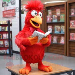 Red Chicken Parmesan mascot costume character dressed with a Skinny Jeans and Reading glasses