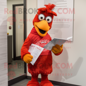 Red Chicken Parmesan mascot costume character dressed with a Skinny Jeans and Reading glasses