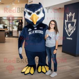 Navy Hawk mascot costume character dressed with a Mom Jeans and Smartwatches