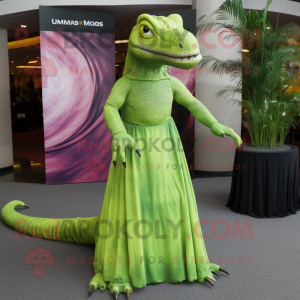 Lime Green Komodo Dragon mascot costume character dressed with a Maxi Dress and Clutch bags
