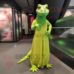 Lime Green Komodo Dragon mascot costume character dressed with a Maxi Dress and Clutch bags