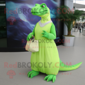 Lime Green Komodo Dragon mascot costume character dressed with a Maxi Dress and Clutch bags