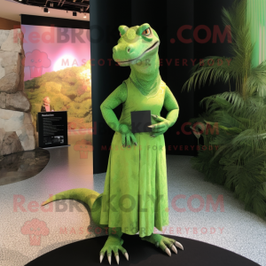 Lime Green Komodo Dragon mascot costume character dressed with a Maxi Dress and Clutch bags