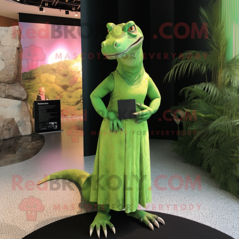 Lime Green Komodo Dragon mascot costume character dressed with a Maxi Dress and Clutch bags Lime Green Komodo Dragon mascot costume character dressed with a Maxi Dress and Clutch bags