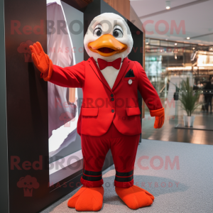 Red Geese mascot costume character dressed with a Suit Pants and Bracelets