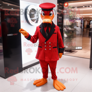 Red Geese mascot costume character dressed with a Suit Pants and Bracelets