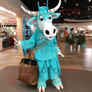 Turquoise Zebu mascot costume character dressed with a Maxi Skirt and Tote bags