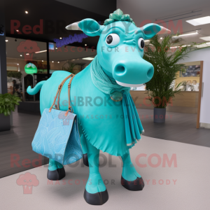 Turquoise Zebu mascot costume character dressed with a Maxi Skirt and Tote bags