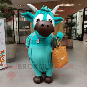 Turquoise Zebu mascot costume character dressed with a Maxi Skirt and Tote bags
