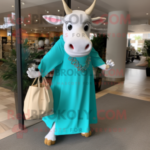 Turquoise Zebu mascot costume character dressed with a Maxi Skirt and Tote bags