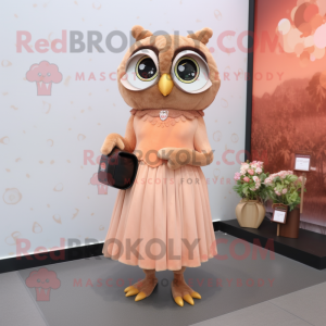 Peach Owl mascot costume character dressed with a Empire Waist Dress and Mittens