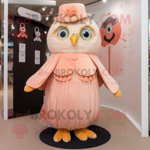 Peach Owl mascot costume character dressed with a Empire Waist Dress and Mittens