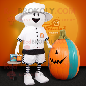 White Pumpkin mascot costume character dressed with a Board Shorts and Hat pins