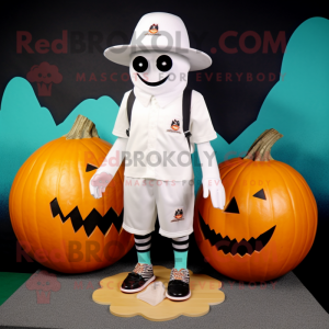 White Pumpkin mascot costume character dressed with a Board Shorts and Hat pins