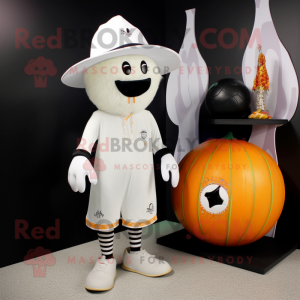 White Pumpkin mascot costume character dressed with a Board Shorts and Hat pins