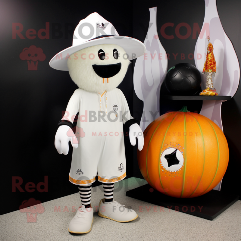 White Pumpkin mascot costume character dressed with a Board Shorts and Hat pins White Pumpkin mascot costume character dressed with a Board Shorts and Hat pins