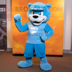 Sky Blue Puma mascot costume character dressed with a Graphic Tee and Caps