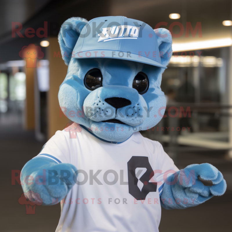 Sky Blue Puma mascot costume character dressed with a Graphic Tee and Caps