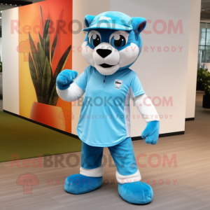 Sky Blue Puma mascot costume character dressed with a Graphic Tee and Caps