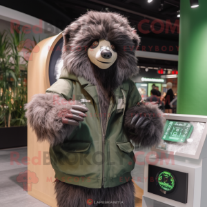 Forest Green Sloth Bear mascot costume character dressed with a Jacket and Smartwatches