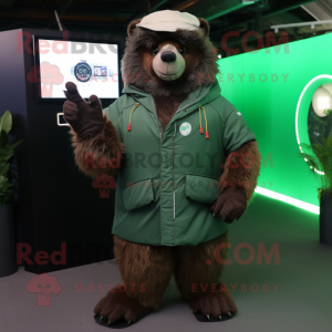 Forest Green Sloth Bear mascot costume character dressed with a Jacket and Smartwatches