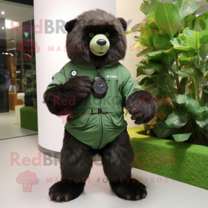 Forest Green Sloth Bear mascot costume character dressed with a Jacket and Smartwatches