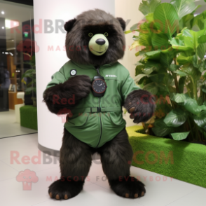 Forest Green Sloth Bear mascot costume character dressed with a Jacket and Smartwatches