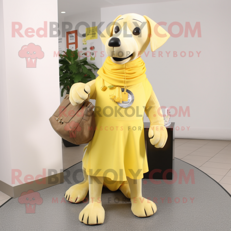 Lemon Yellow Dog mascot costume character dressed with a Wrap Dress and Wallets Lemon Yellow Dog mascot costume character dressed with a Wrap Dress and Wallets
