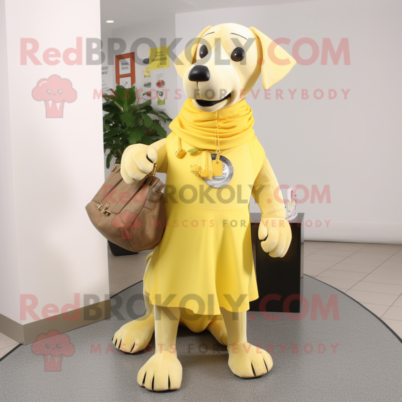 Lemon Yellow Dog mascot costume character dressed with a Wrap Dress and Wallets