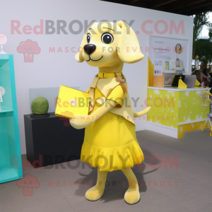 Lemon Yellow Dog mascot costume character dressed with a Wrap Dress and Wallets