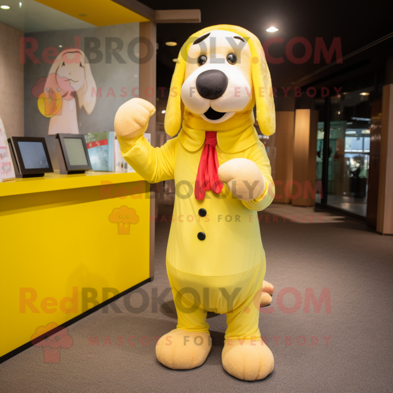 Lemon Yellow Dog mascot costume character dressed with a Wrap Dress and Wallets Lemon Yellow Dog mascot costume character dressed with a Wrap Dress and Wallets