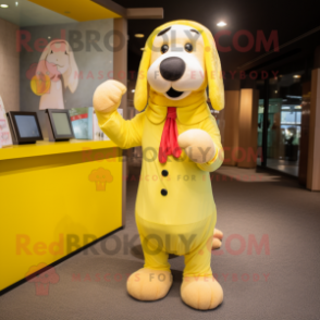 Lemon Yellow Dog mascot costume character dressed with a Wrap Dress and Wallets