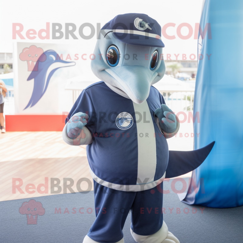 Navy Dolphin mascot costume character dressed with a V-Neck Tee and Coin purses