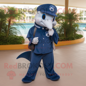 Navy Dolphin mascot costume character dressed with a V-Neck Tee and Coin purses