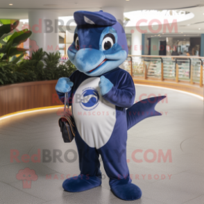 Navy Dolphin mascot costume character dressed with a V-Neck Tee and Coin purses