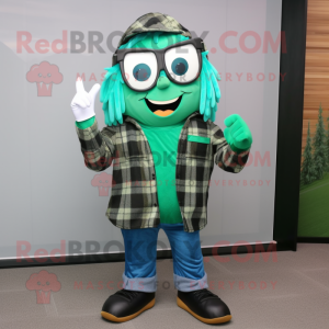 Forest Green Ghost mascot costume character dressed with a Flannel Shirt and Eyeglasses