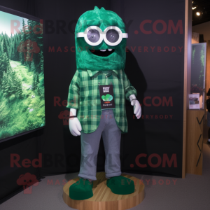 Forest Green Ghost mascot costume character dressed with a Flannel Shirt and Eyeglasses