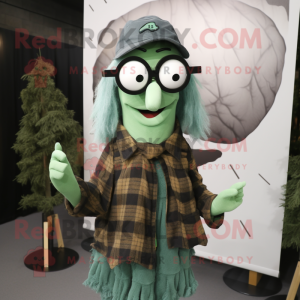 Forest Green Ghost mascot costume character dressed with a Flannel Shirt and Eyeglasses