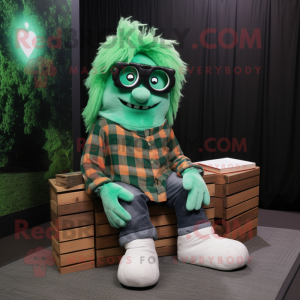 Forest Green Ghost mascot costume character dressed with a Flannel Shirt and Eyeglasses