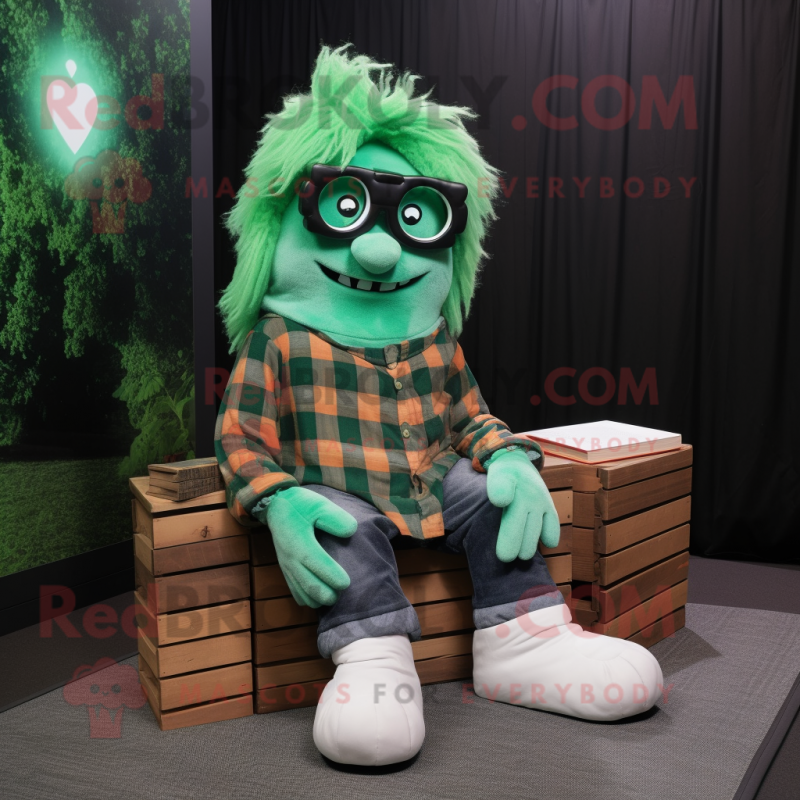 Forest Green Ghost mascot costume character dressed with a Flannel Shirt and Eyeglasses Forest Green Ghost mascot costume character dressed with a Flannel Shirt and Eyeglasses