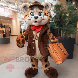 Brown Bobcat mascot costume character dressed with a Coat and Handbags