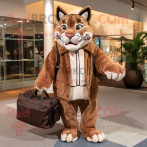 Brown Bobcat mascot costume character dressed with a Coat and Handbags