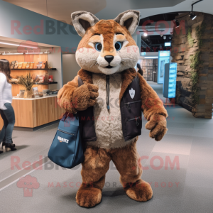Brown Bobcat mascot costume character dressed with a Coat and Handbags