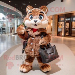 Brown Bobcat mascot costume character dressed with a Coat and Handbags