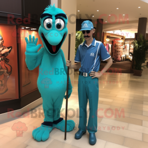 Teal Stilt Walker mascot costume character dressed with a Polo Tee and Watches