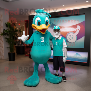 Teal Stilt Walker mascot costume character dressed with a Polo Tee and Watches