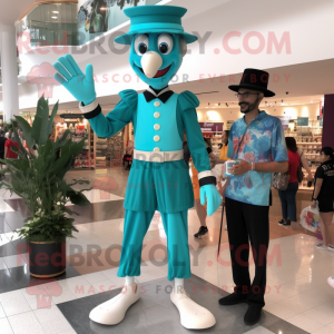 Teal Stilt Walker mascot costume character dressed with a Polo Tee and Watches