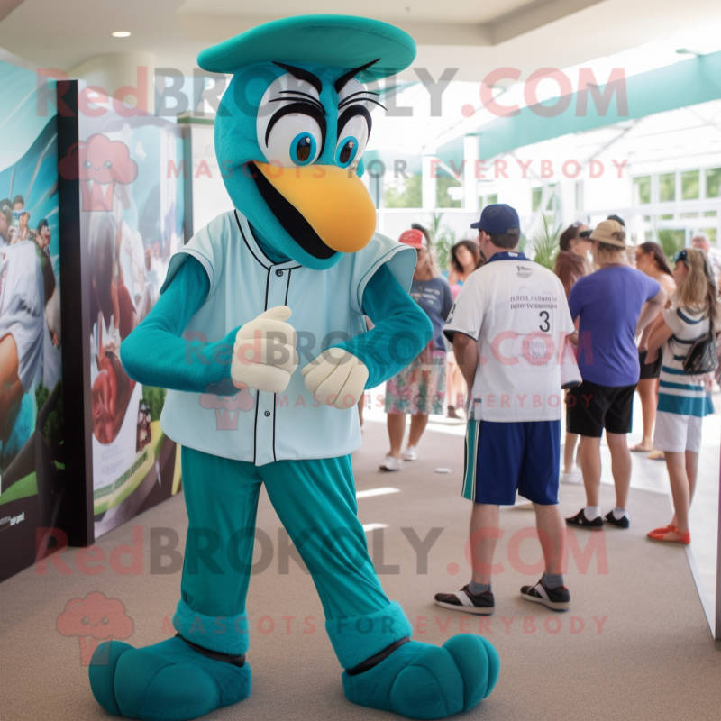 Teal Stilt Walker mascot costume character dressed with a Polo Tee and Watches